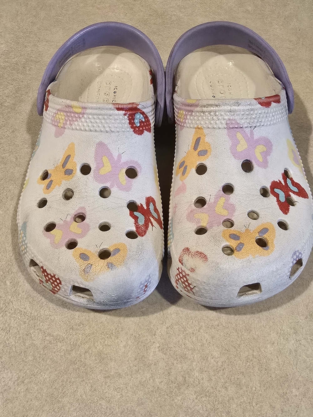 Kids White Butterfly Clogs with Purple Strap - Crocs-style